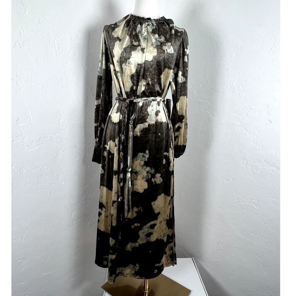 NWT Midi VELVET LONG SLEEVE DRESS Tie Waist Pockets Brown Gold Olive Women Small
